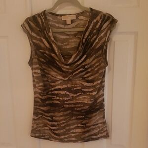 Michael Kors Brown Tan Ruched Cap Sleeve Blouse